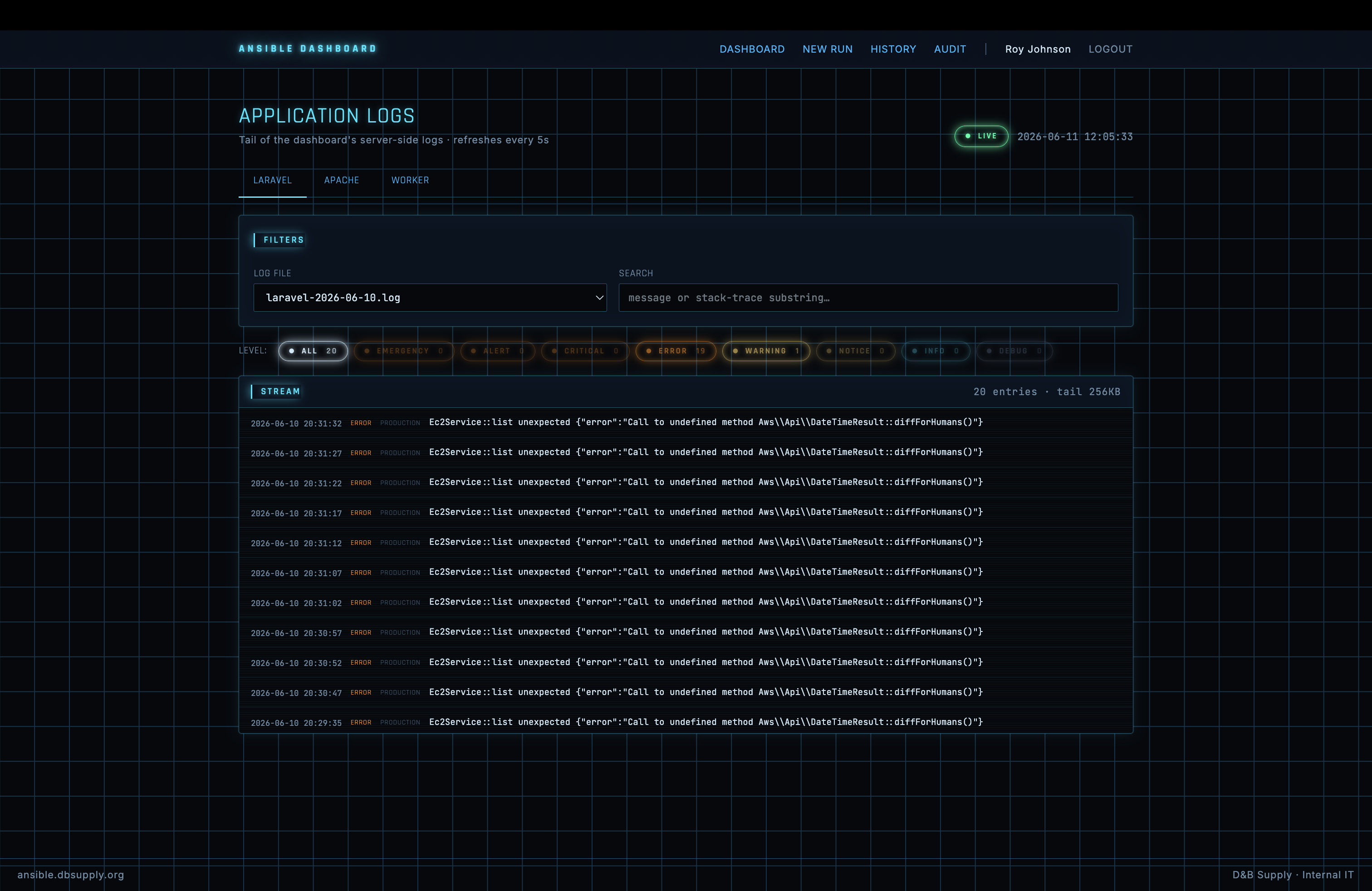Ansible Dashboard - Application Logs
